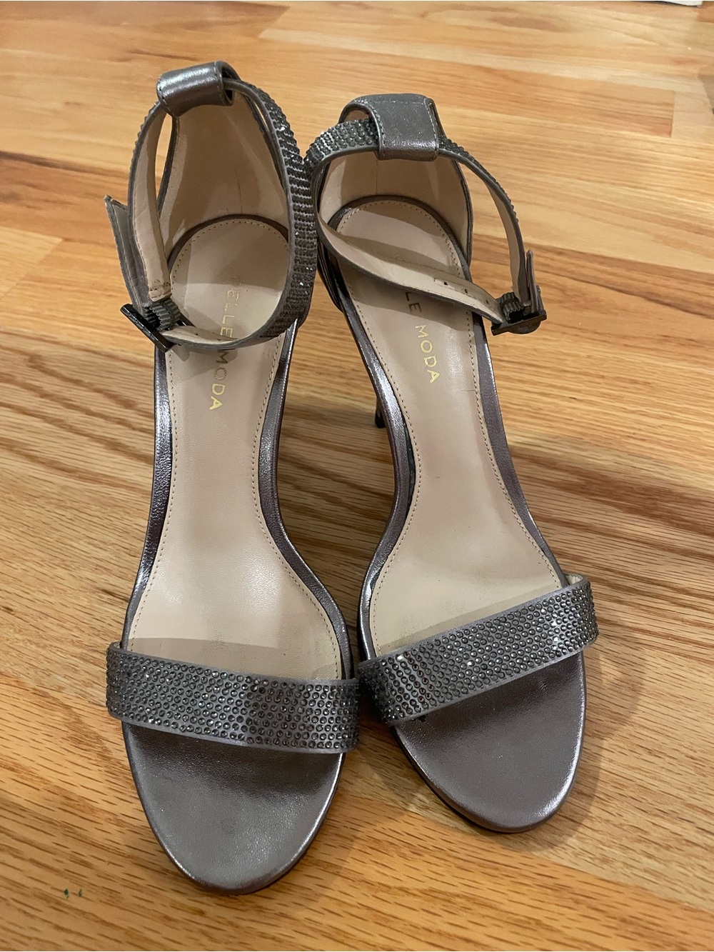 Pelle Moda Gunmetal Crystal-Strap Ankle-Heel Sandals